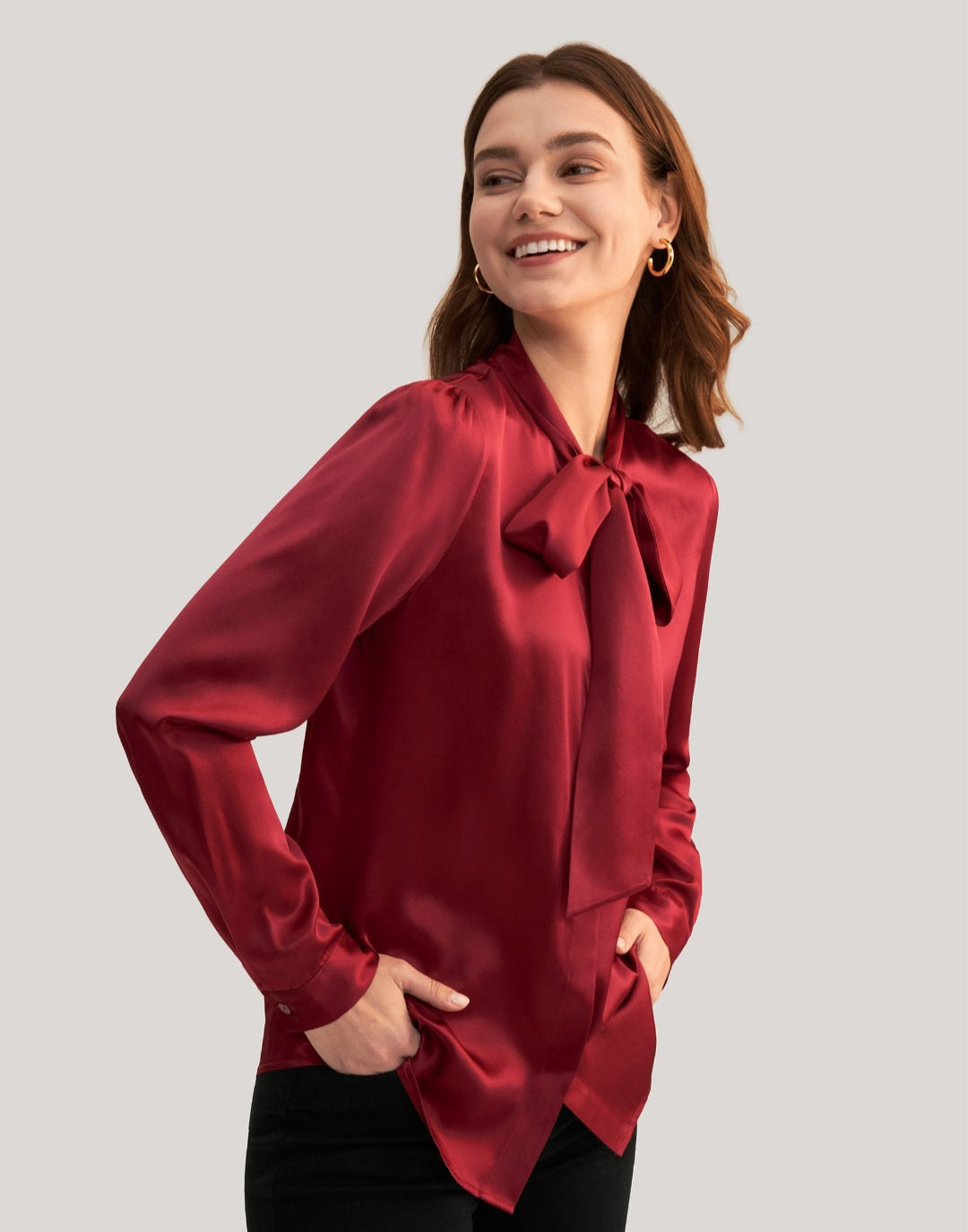 Women Bow-tie Neck Silk Blouse