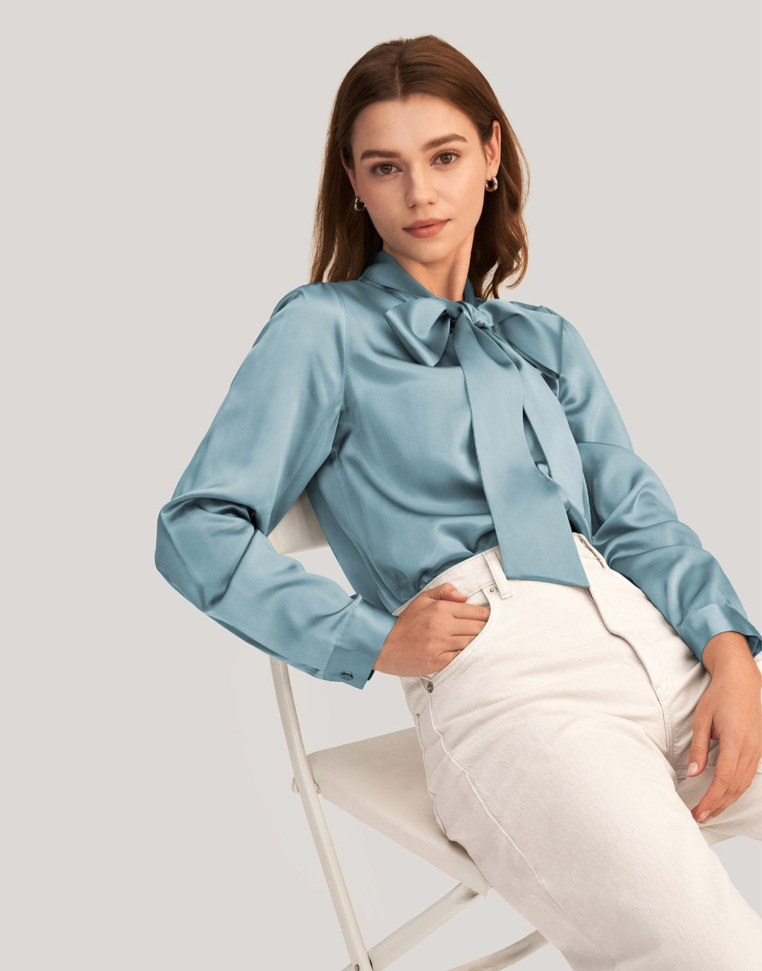 Women Bow-tie Neck Silk Blouse