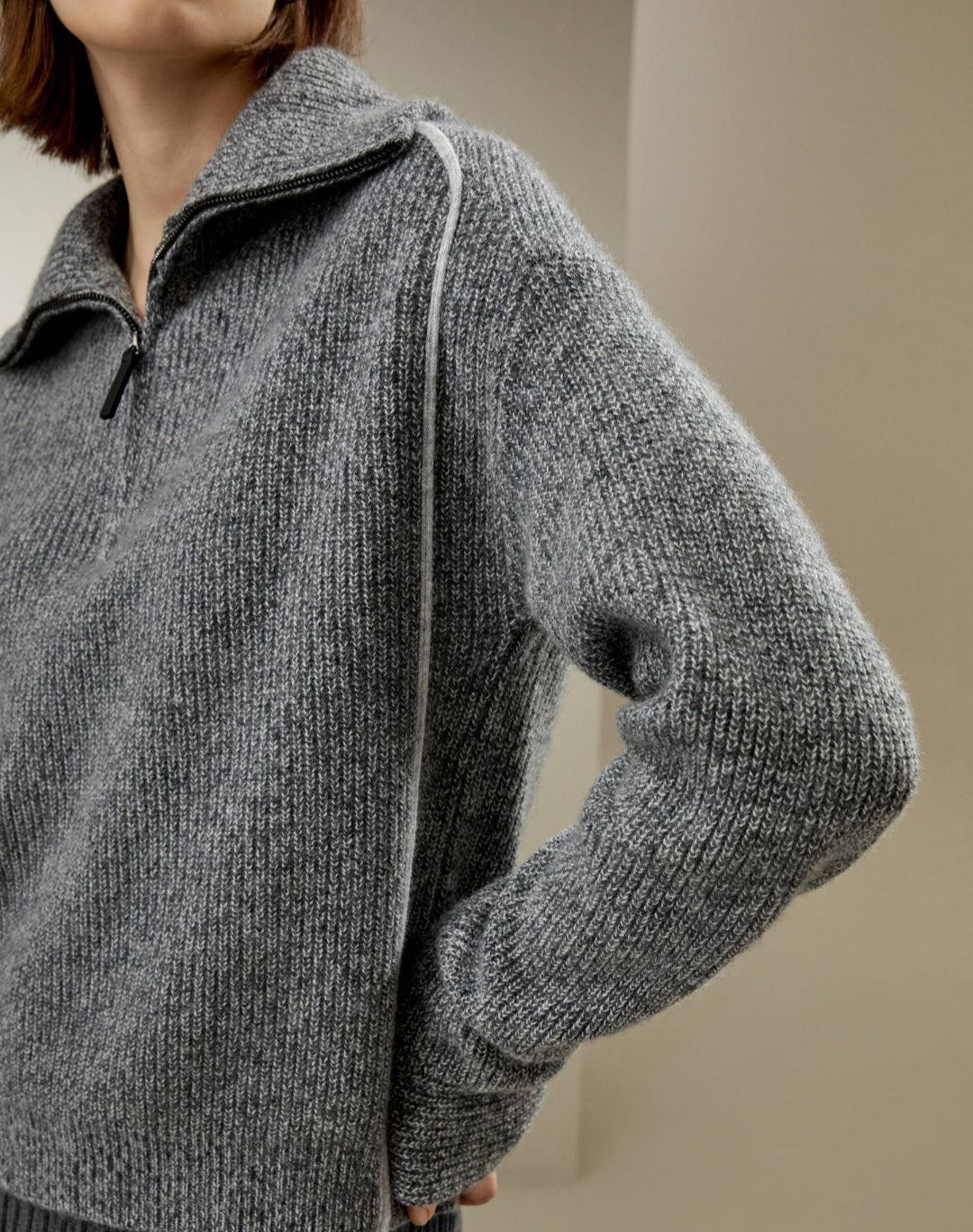 Cashmere Half Zip-Up Ribbed Sweater